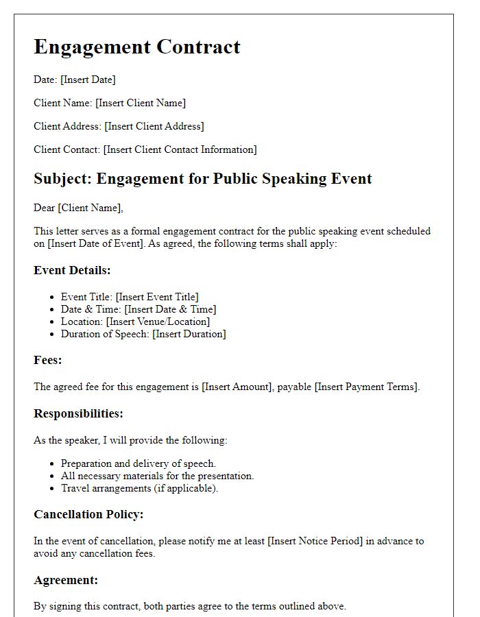 Letter template of engagement contract for public speaking event