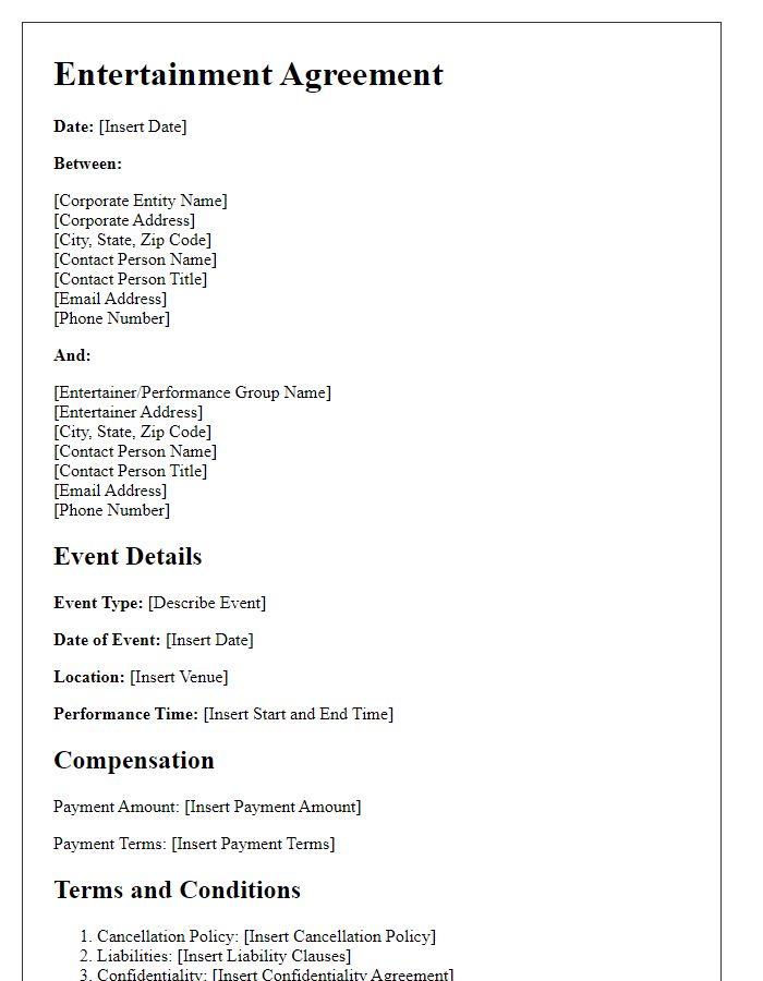 Letter template of entertainment agreement for corporate event