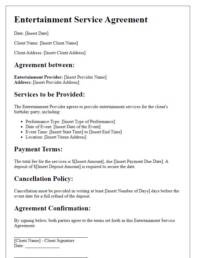 Letter template of entertainment service agreement for birthday party