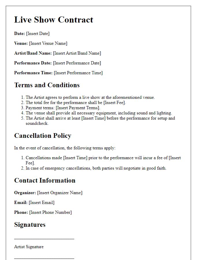 Letter template of live show contract for concert event