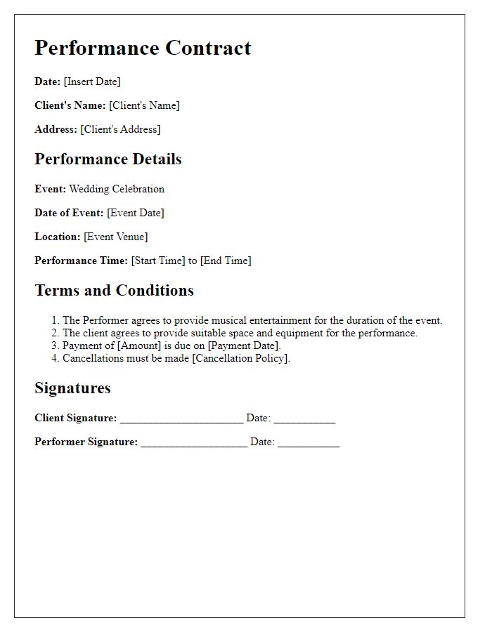 Letter template of performance contract for wedding celebration