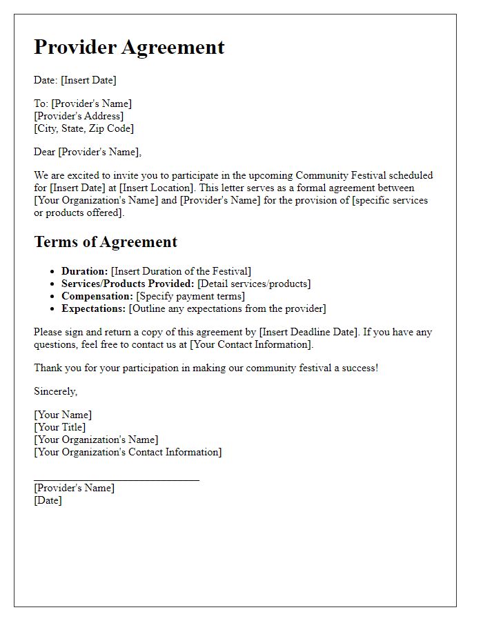 Letter template of provider agreement for community festival