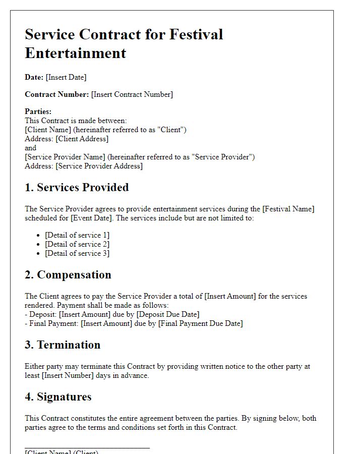 Letter template of service contract for festival entertainment