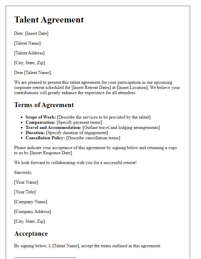 Letter template of talent agreement for corporate retreat