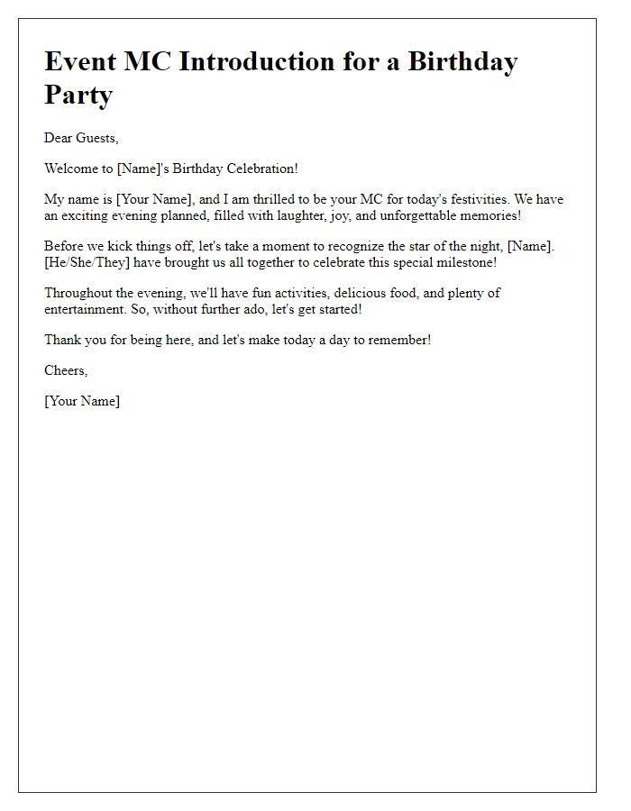 Letter template of Event MC Introduction for a Birthday Party