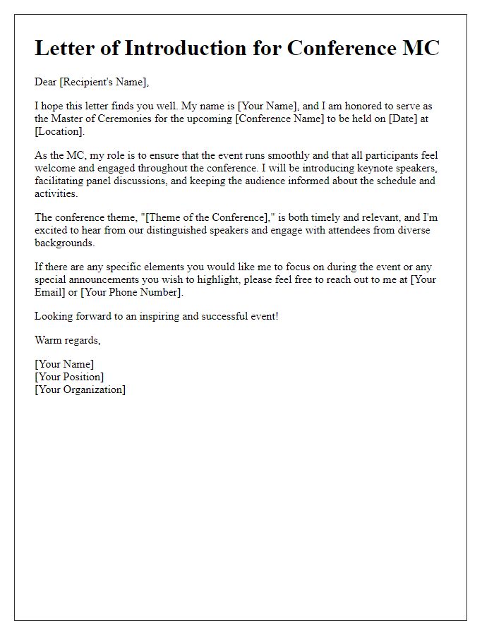 Letter template of Event MC Introduction for a Conference