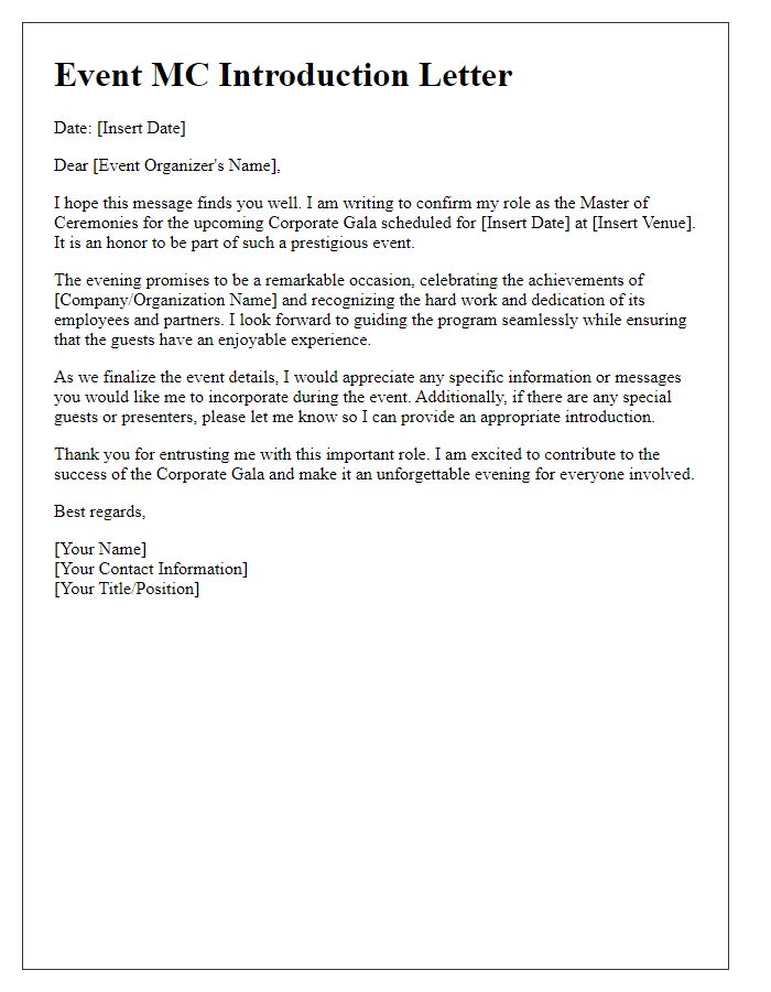 Letter template of Event MC Introduction for a Corporate Gala