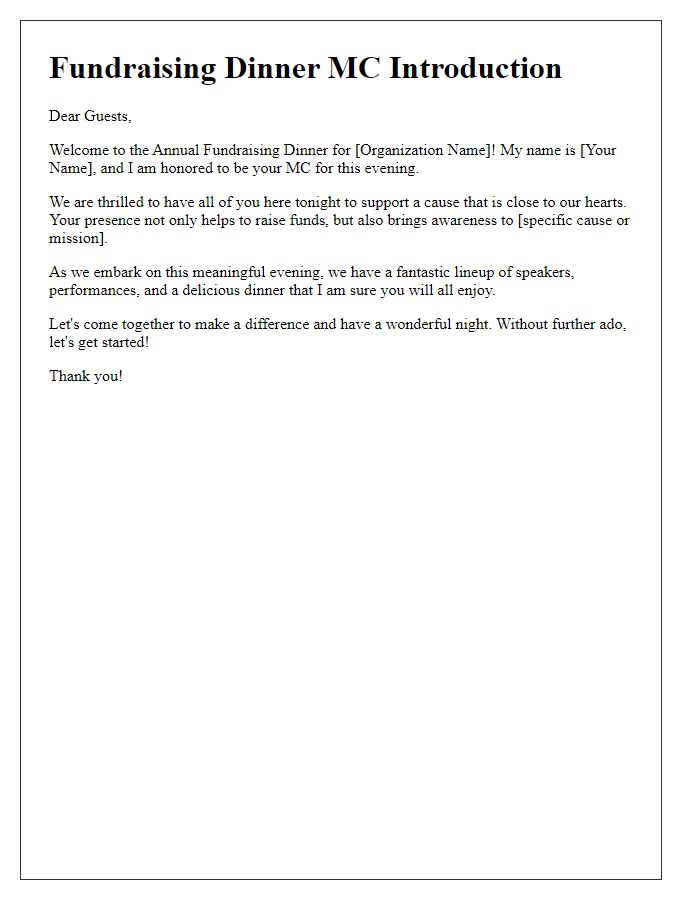 Letter template of Event MC Introduction for a Fundraising Dinner