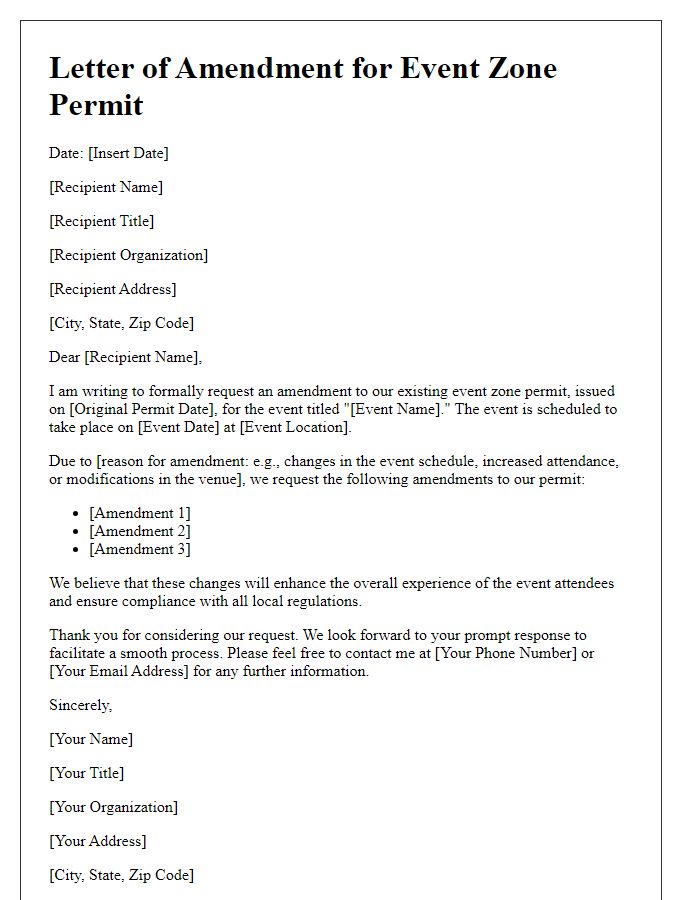 Letter template of amendment for existing event zone permit.