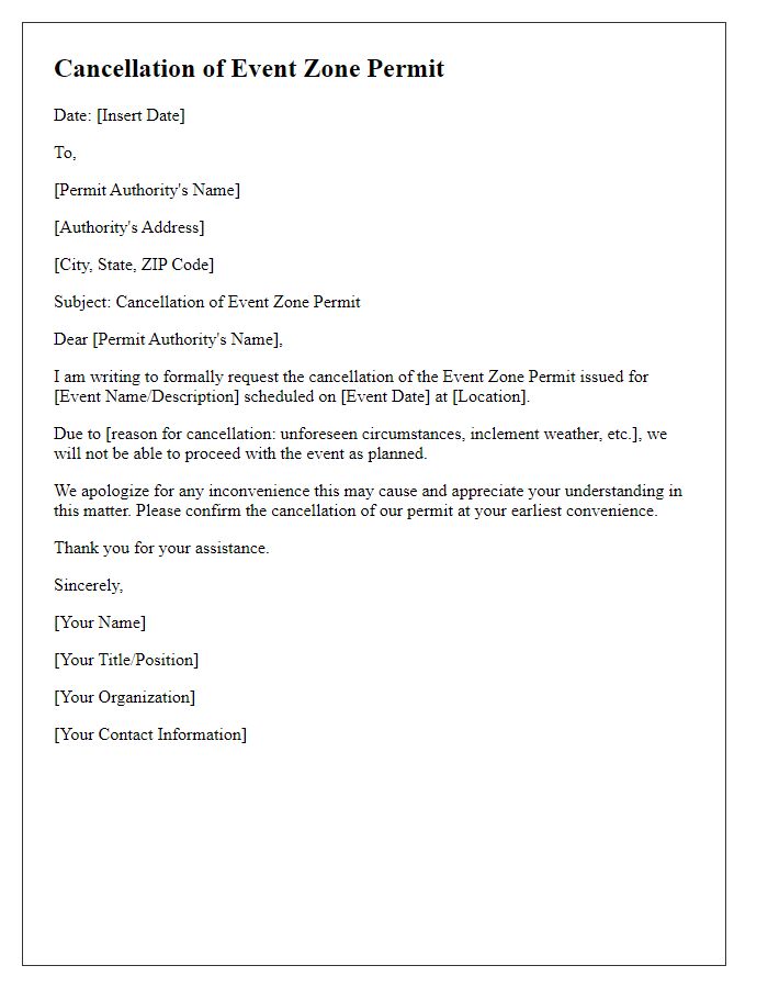 Letter template of cancellation for event zone permit.