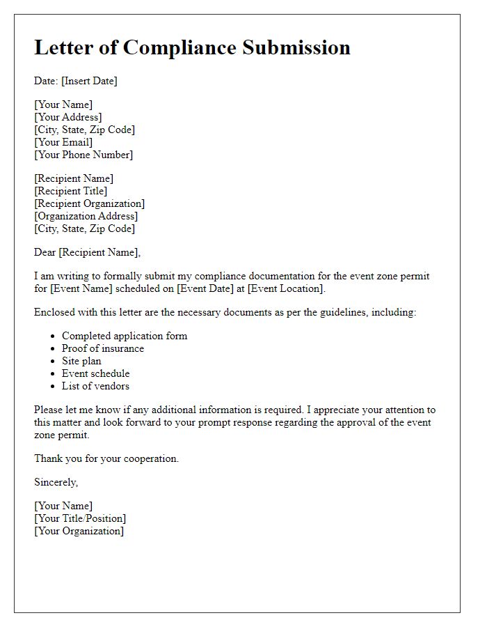 Letter template of compliance submission for event zone permit.