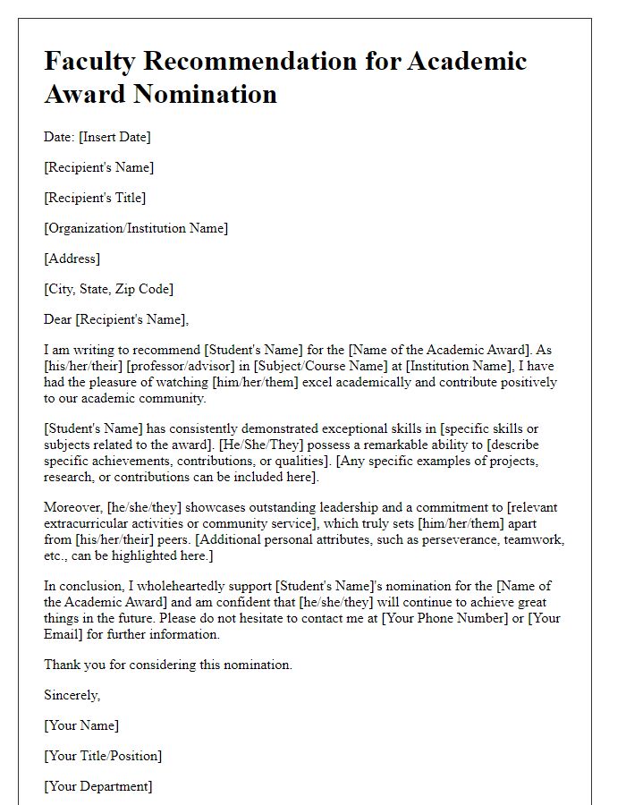 Letter template of faculty recommendation for academic award nomination.