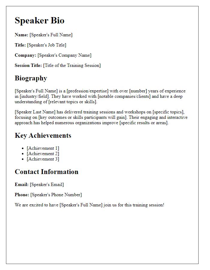 Letter template of speaker bio for corporate training session