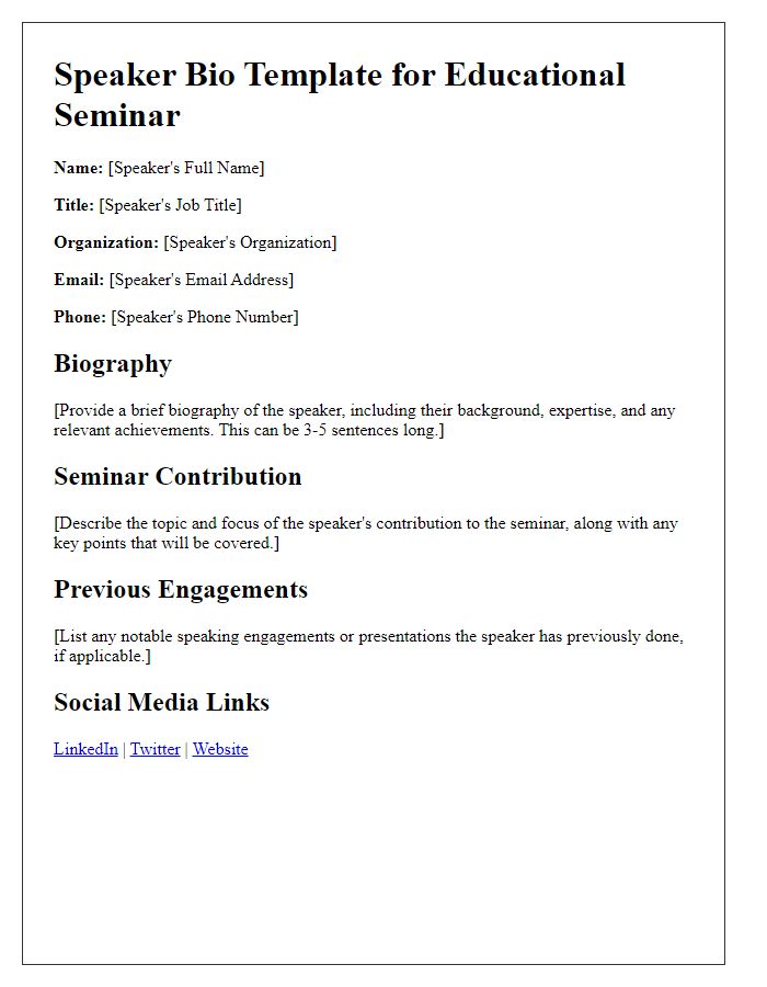 Letter template of speaker bio for educational seminar contribution