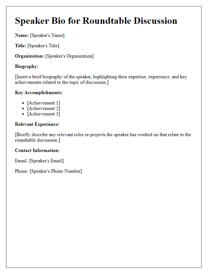 Letter template of speaker bio for expert roundtable discussion