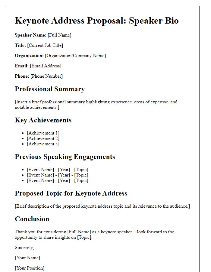 Letter template of speaker bio for keynote address proposal