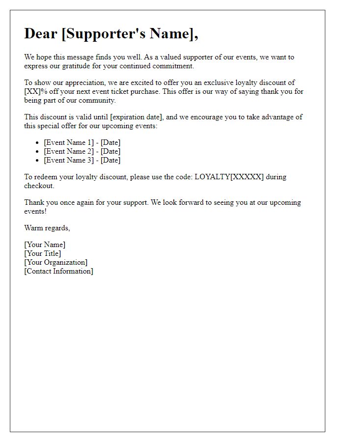 Letter template of loyalty discount offer for event supporters.