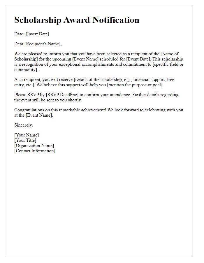 Letter template of award notification for special event scholarship