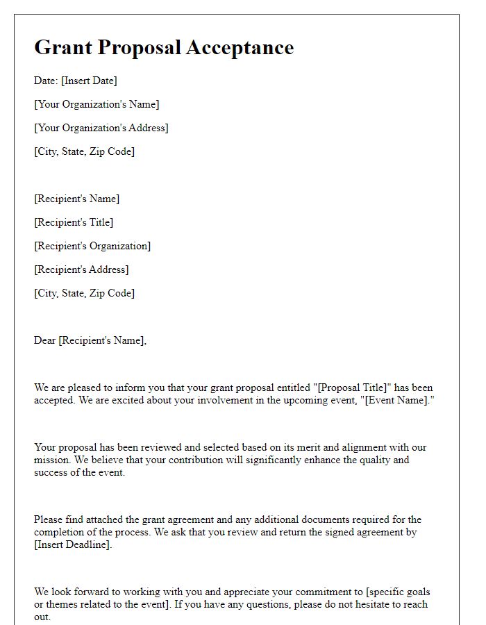 Letter template of grant proposal acceptance for event involvement