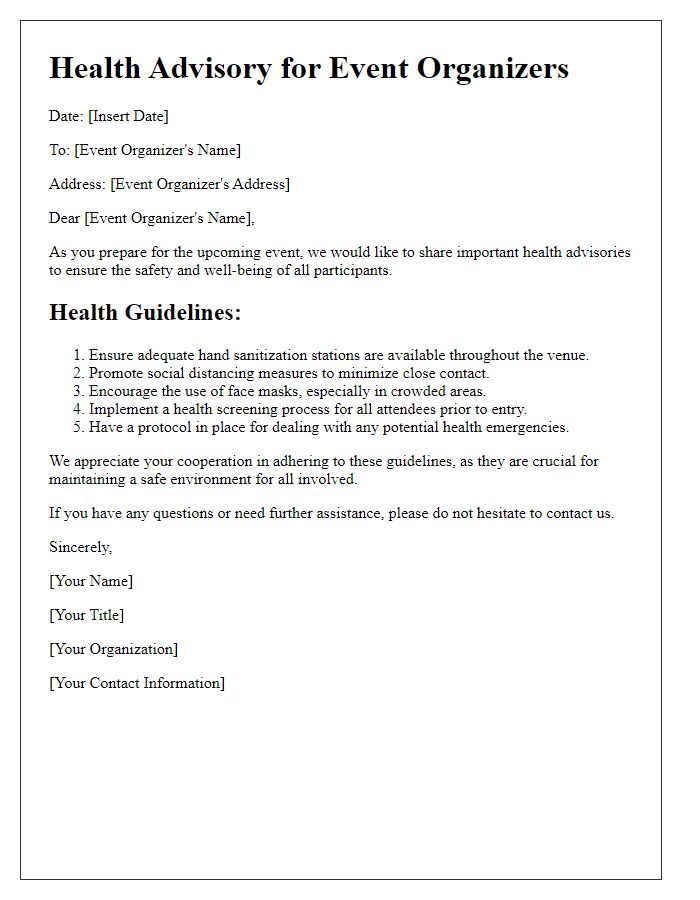 Letter template of health advisories for event organizers