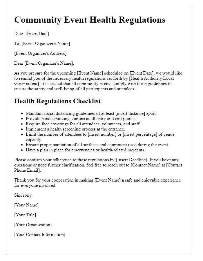 Letter template of health regulations for community events