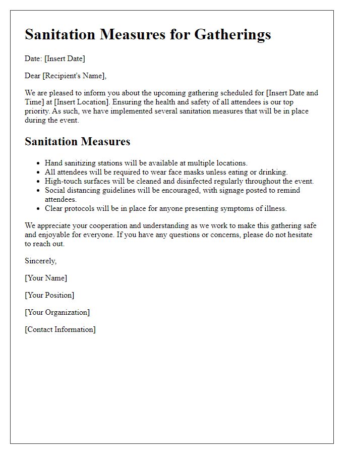 Letter template of sanitation measures for gatherings