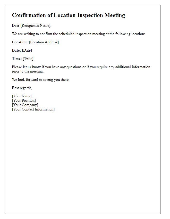 Letter template of confirmation for location inspection meeting