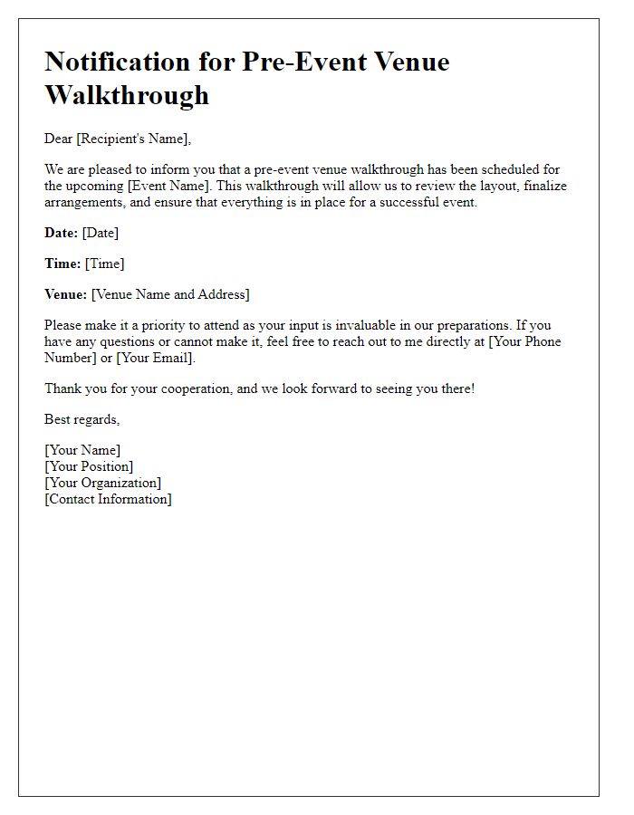 Letter template of notification for pre-event venue walkthrough