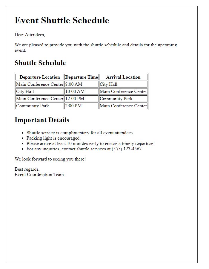 Letter template of Event Shuttle Schedule and Details