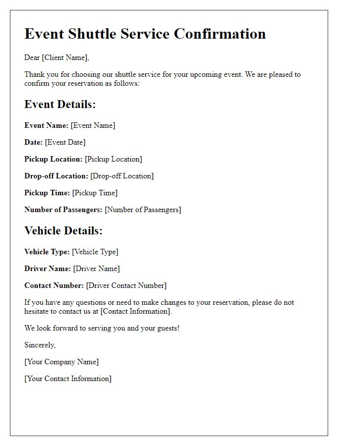 Letter template of Event Shuttle Service Confirmation