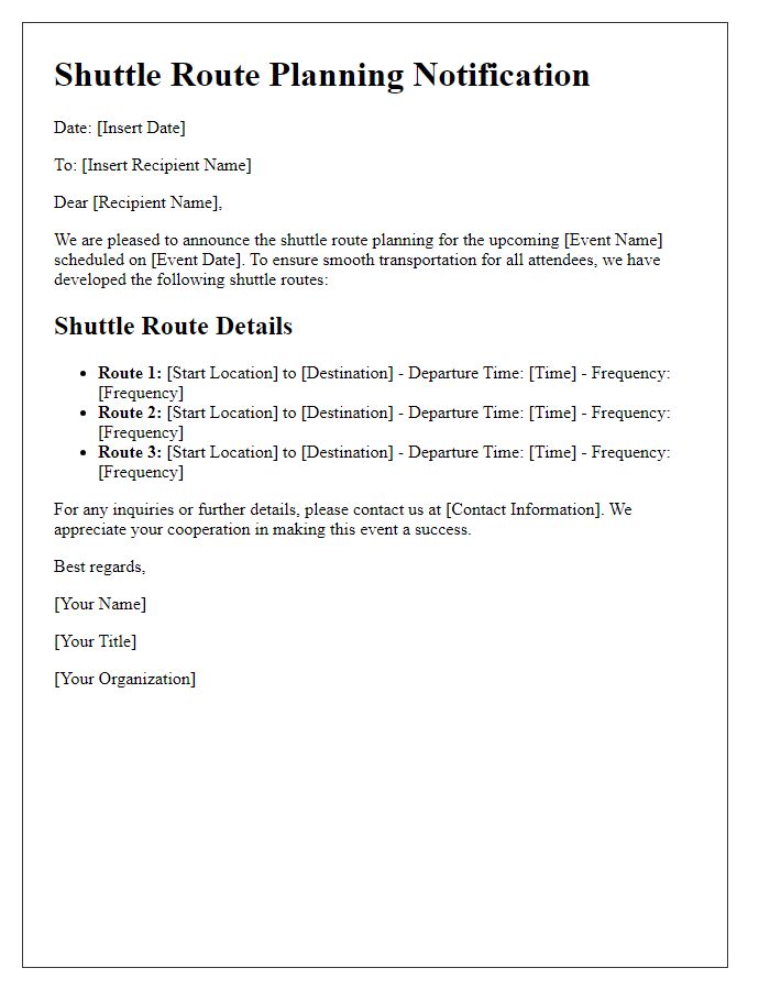 Letter template of Shuttle Route Planning for Special Event