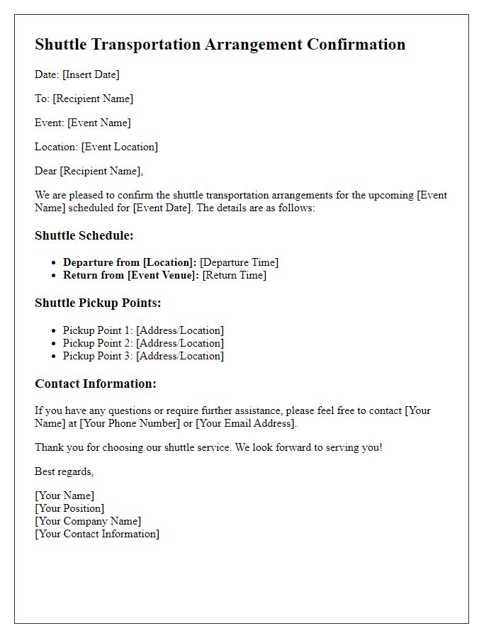 Letter template of Shuttle Transportation Arrangement for Events