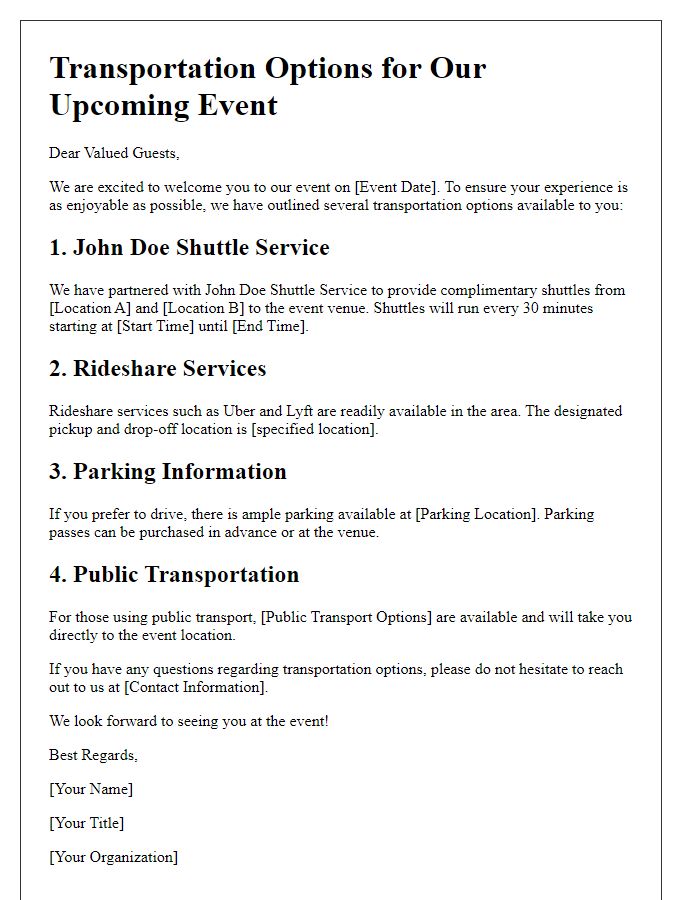 Letter template of Transportation Options for Event Guests