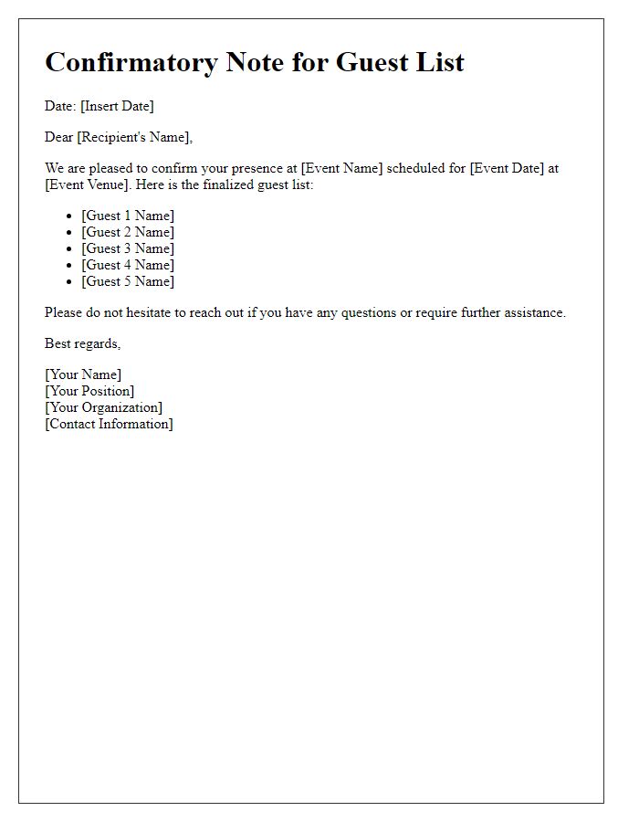 Letter template of confirmatory note for guest list