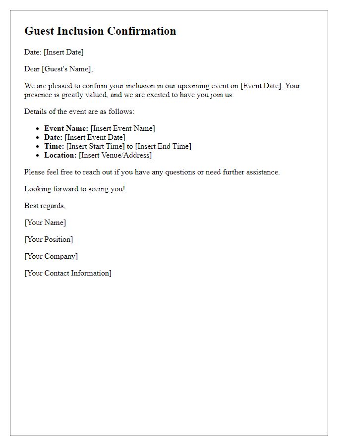 Letter template of guest inclusion confirmation