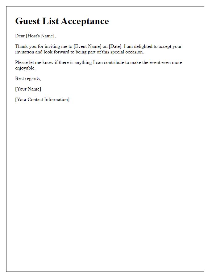 Letter template of invitee acceptance for guest list