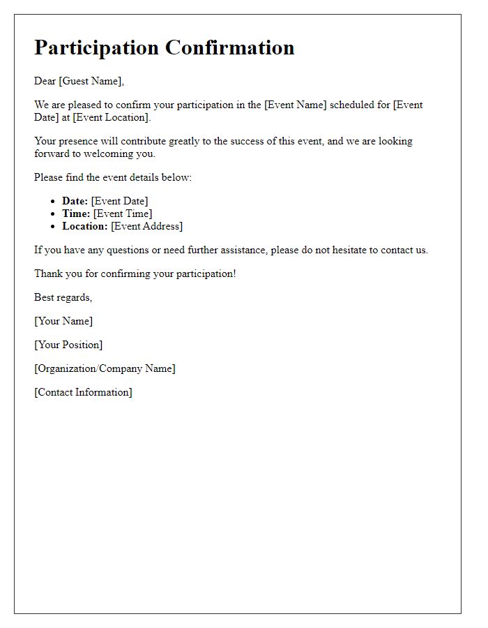 Letter template of participation confirmation for event guests