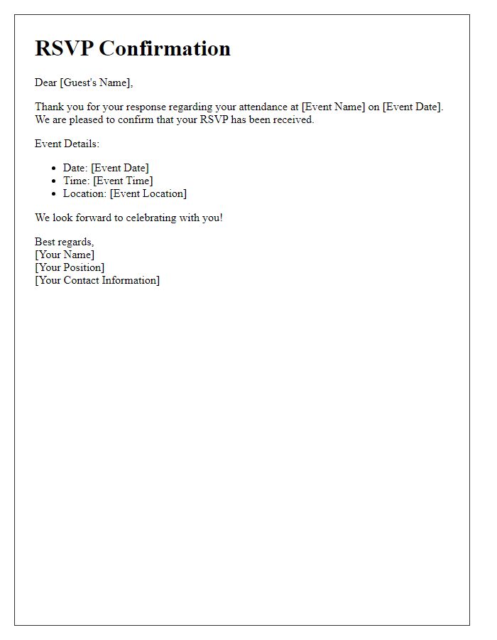 Letter template of RSVP confirmation for guest list