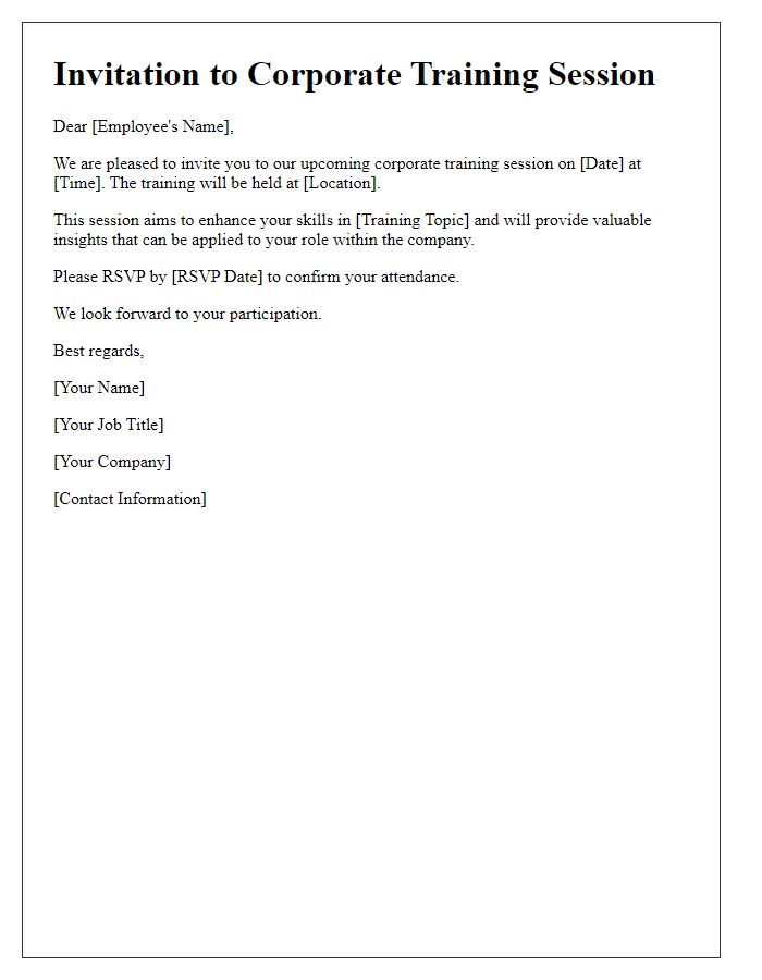 Letter template of formal invitation to a corporate training session.