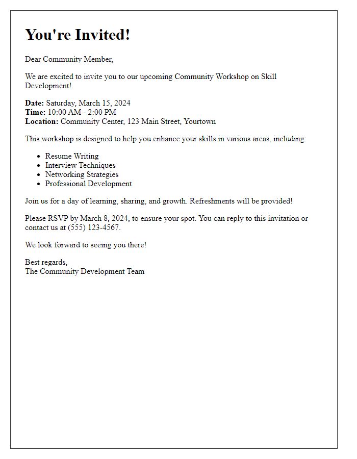 Letter template of invitation to a community workshop on skill development.