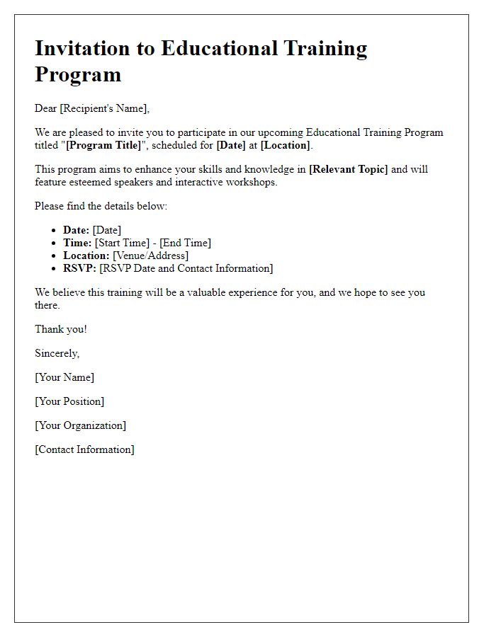 Letter template of invitation for an educational training program.