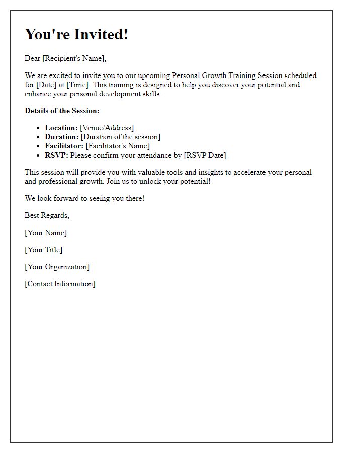 Letter template of invitation for a personal growth training session.