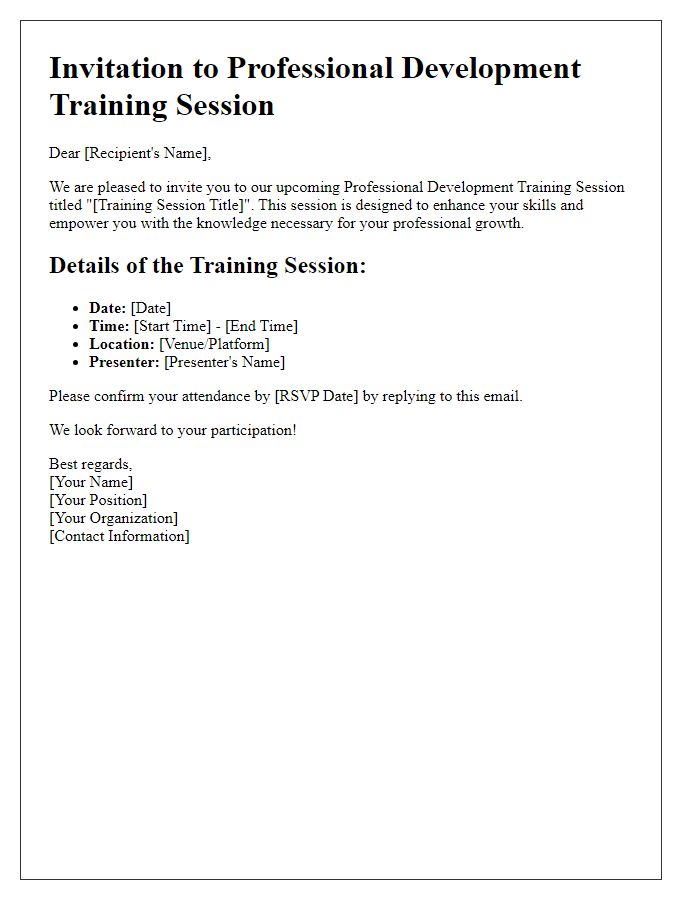 Letter template of a professional development training session invite.