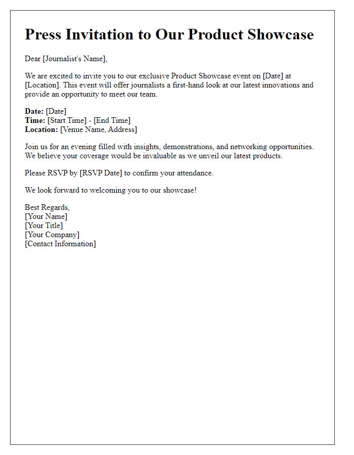 Letter template of Press Invitation for Event Journalists to Our Product Showcase