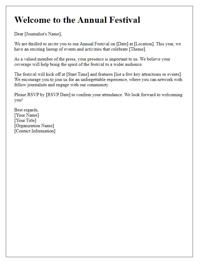 Letter template of Welcome Invite for Journalists to Our Annual Festival