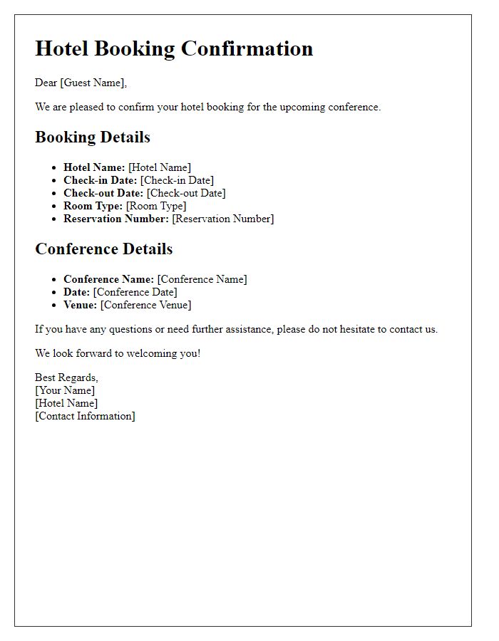 Letter template of hotel booking details for conference guests