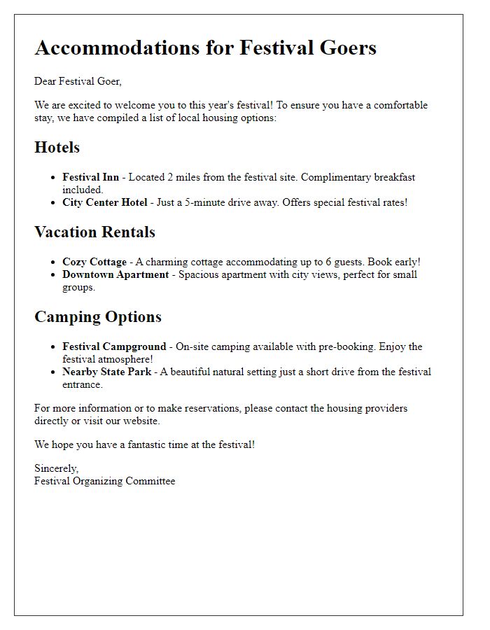 Letter template of local housing options for festival goers