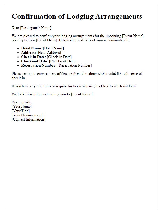 Letter template of lodging arrangements confirmation for event participants