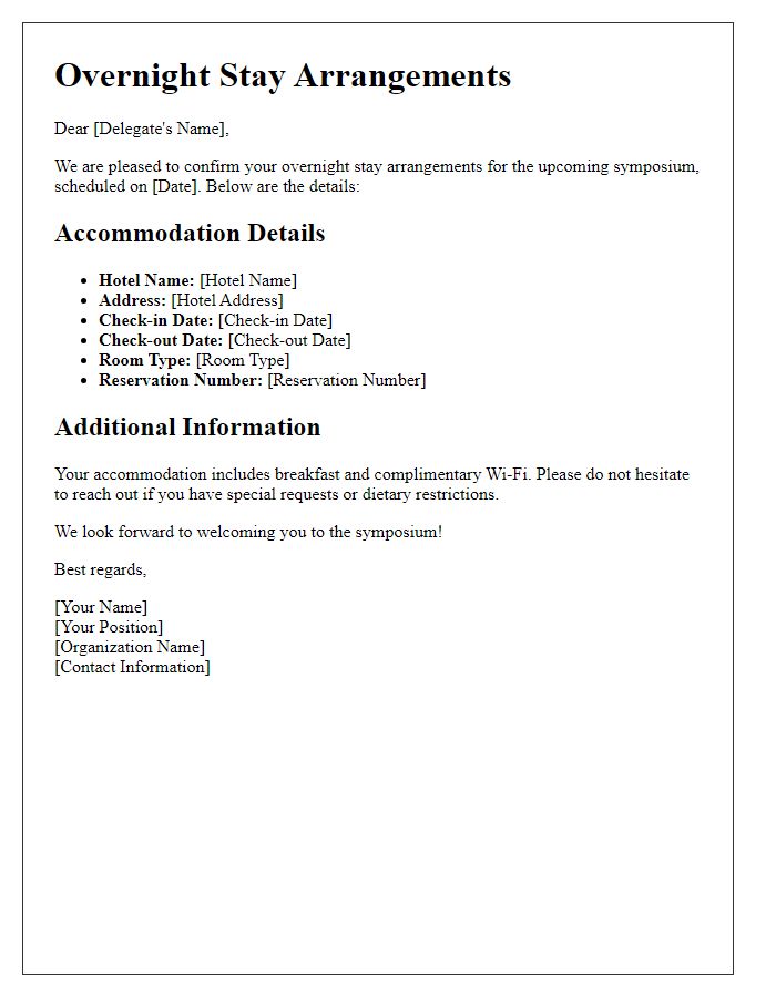 Letter template of overnight stay arrangements for symposium delegates