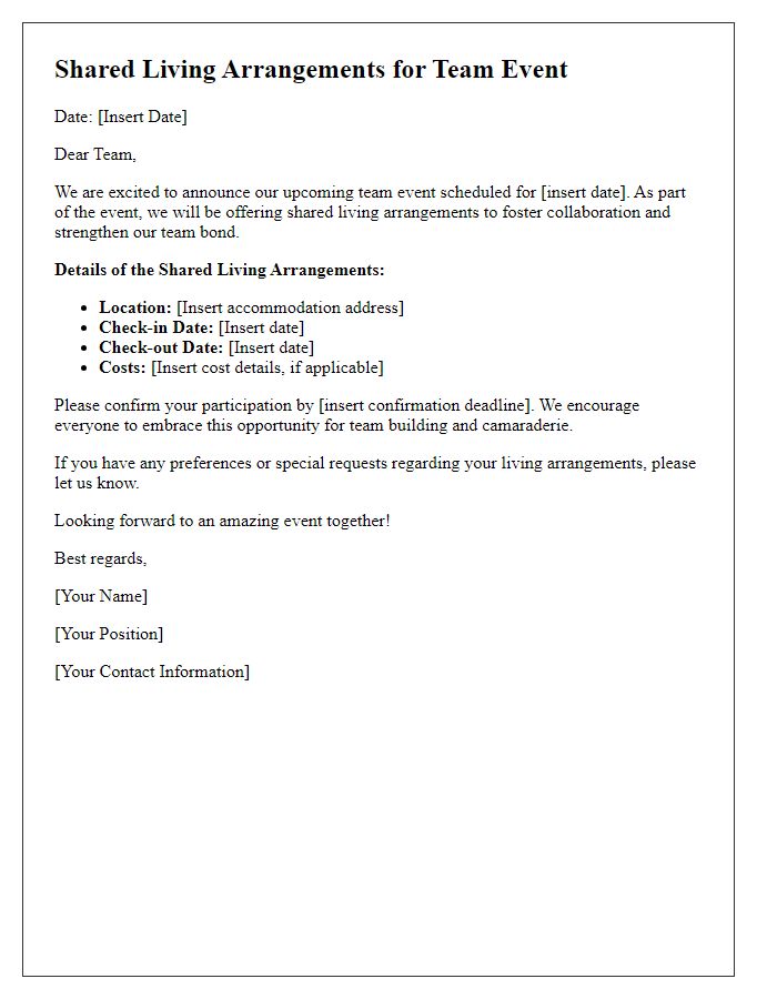 Letter template of shared living arrangements for team event